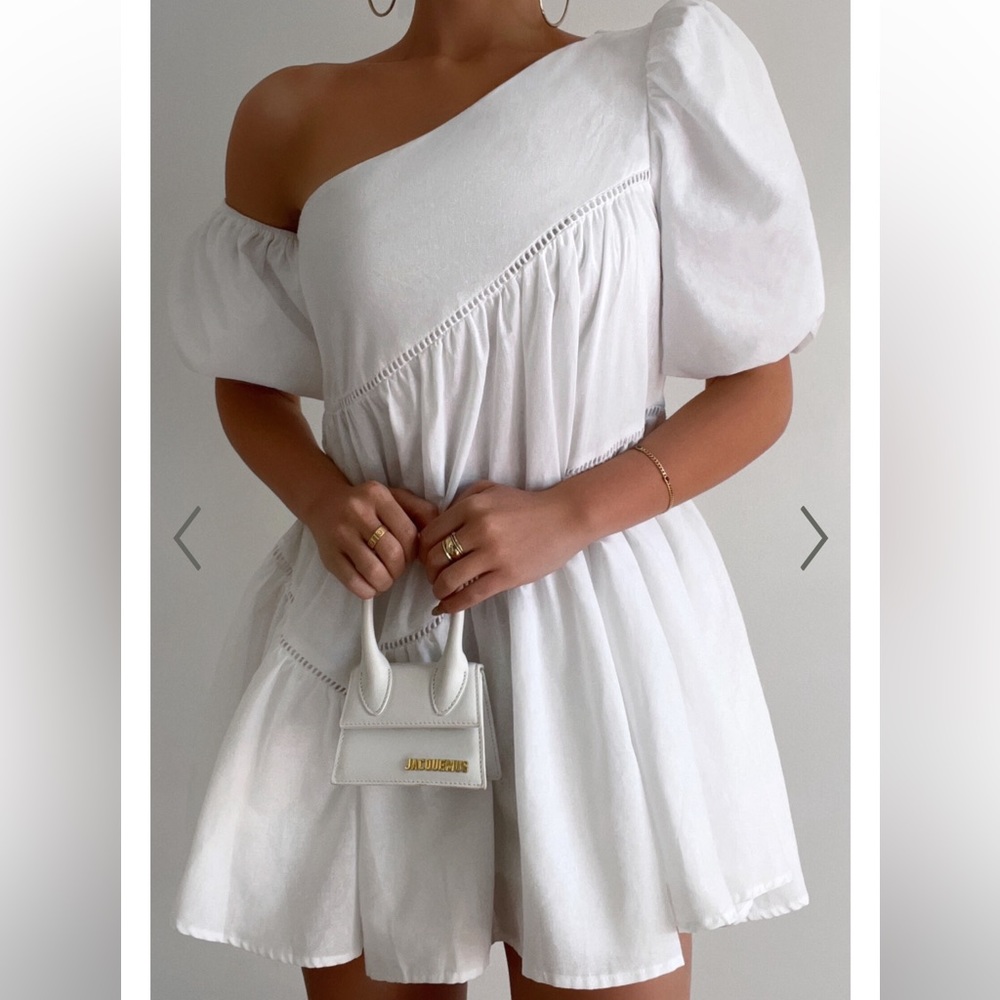 HARLEEN MINI DRESS SHOWPO - ASYMMETRICAL TRIM PUFF SLEEVE DRESS IN WHITE